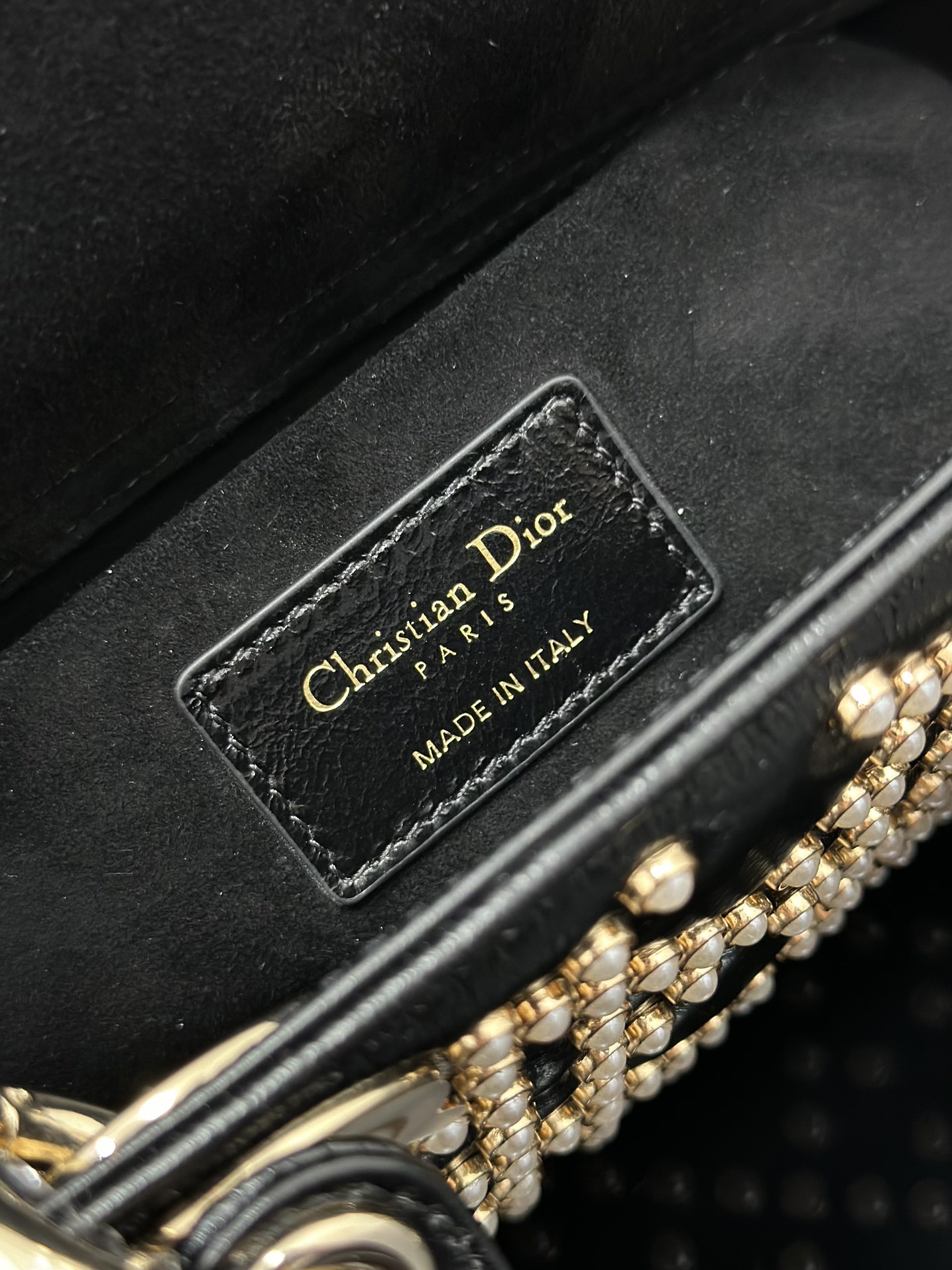 Small Lady D-Joy Bag Black Calfskin Embroidered with Pearl Nail